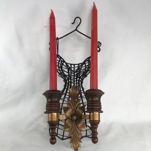 Vintage Wood Ornate Brass Wall Sconce Candle Holders